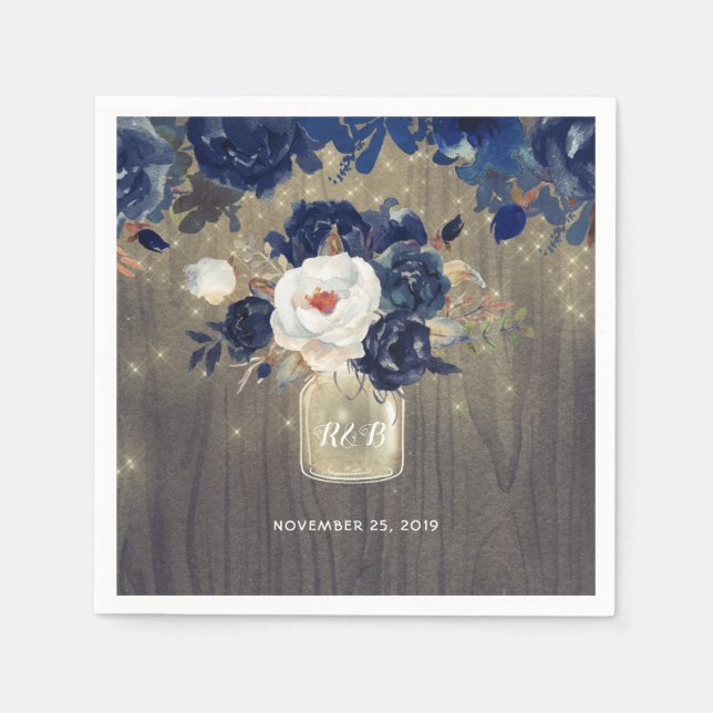 Navy Floral Mason Jar Rustic Napkin (Front)