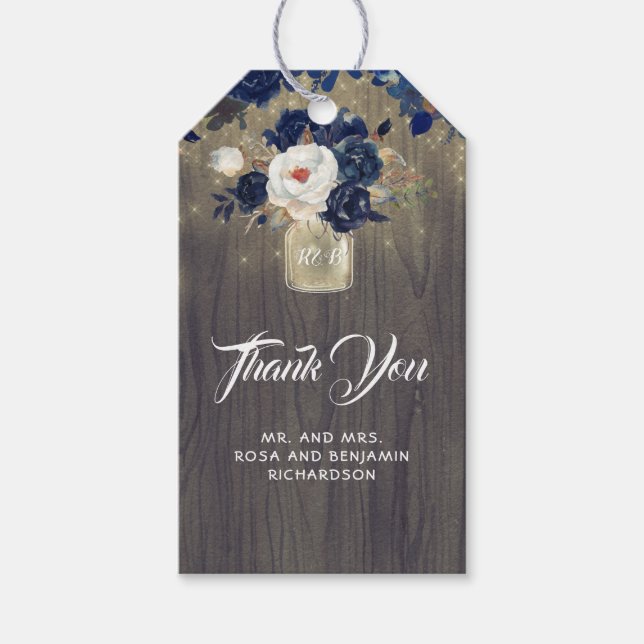 Navy Floral Mason Jar Rustic Wedding Gift Tags (Front)