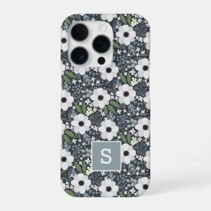Navy Floral Monogram iPhone 16 Pro Case