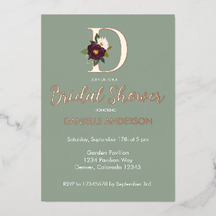 Navy Floral Monogram Letter D Bridal Shower Gold