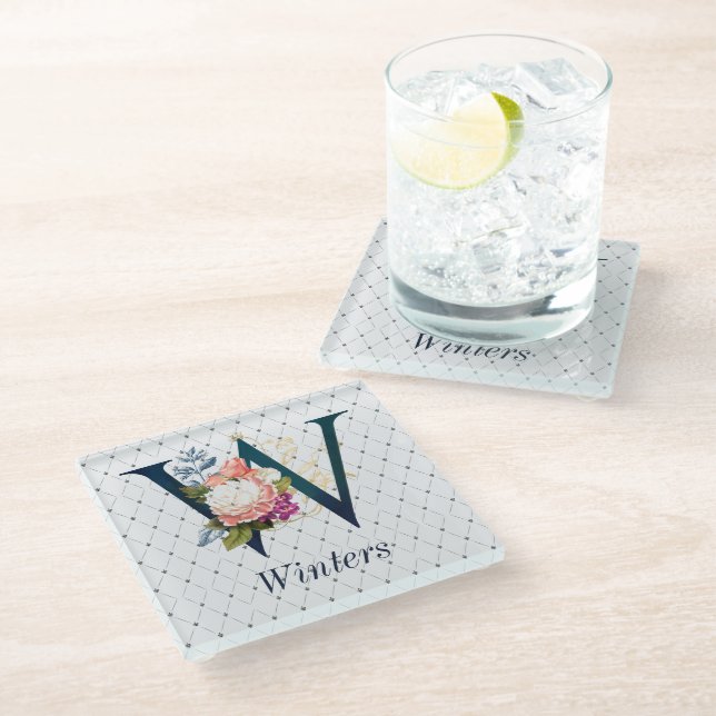 Navy Floral Monogram W  Square Coaster (Angled)