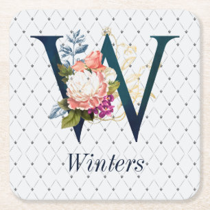 Navy Floral Monogram W Square Paper Coaster