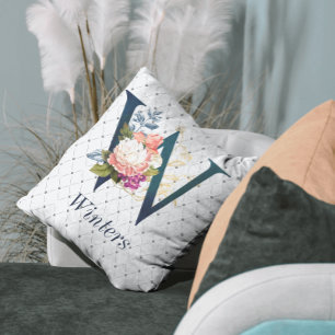 Navy Floral Monogram W Throw Pillow