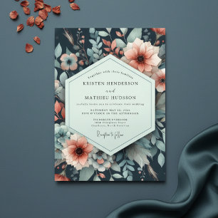 Navy Floral Nocturne Romance Wedding Invitation