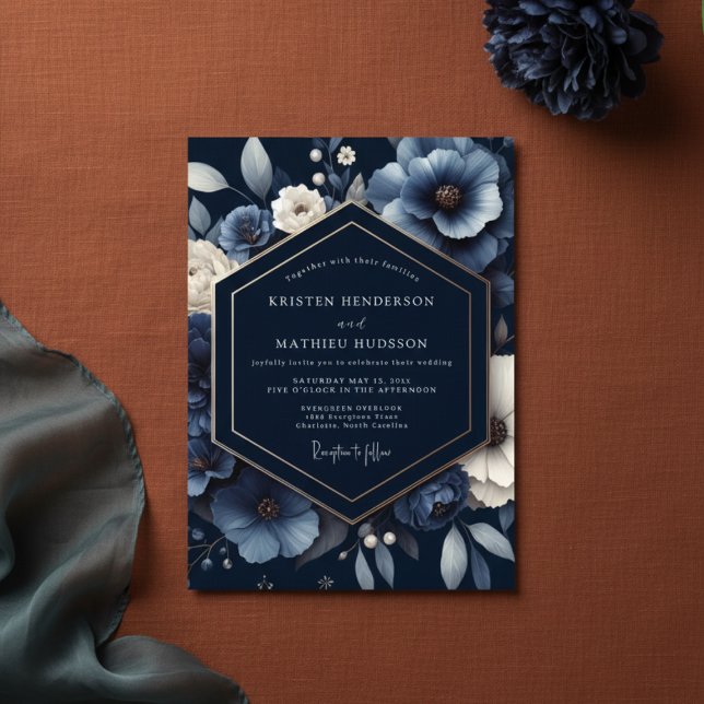 Navy Floral Opulent Wedding Invitation (Creator Uploaded)