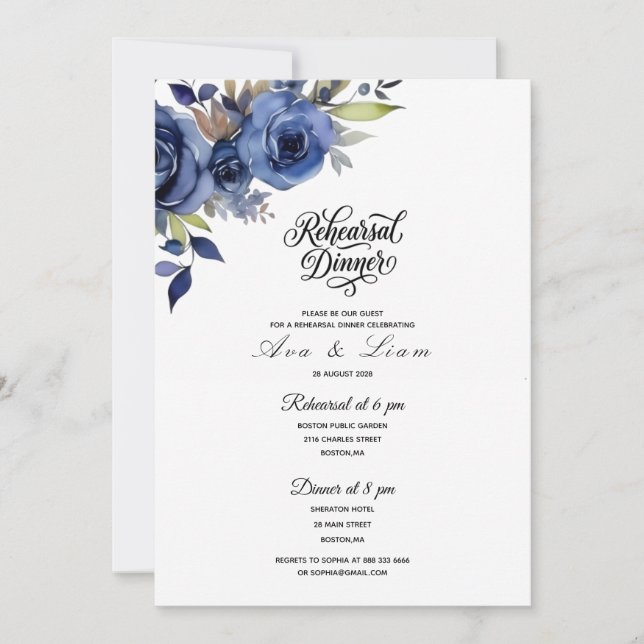 Navy Floral Rehearsal Dinner Invite (Front)