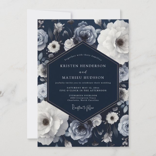 Navy Floral Romance Wedding Invitation (Front)
