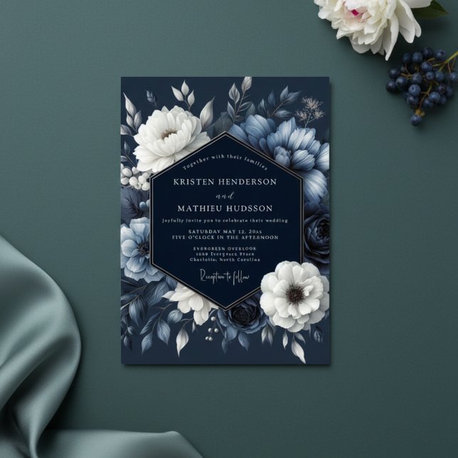 Navy Floral Romance Wedding Invitation (Creator Uploaded)
