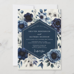 Navy Floral Romantic Wedding Invitation