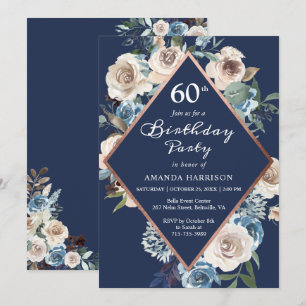 Navy Floral Rose Gold 60th Birthday Invitation