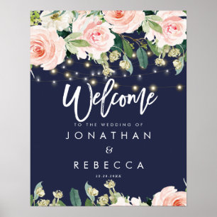 navy floral roses wedding welcome sign poster