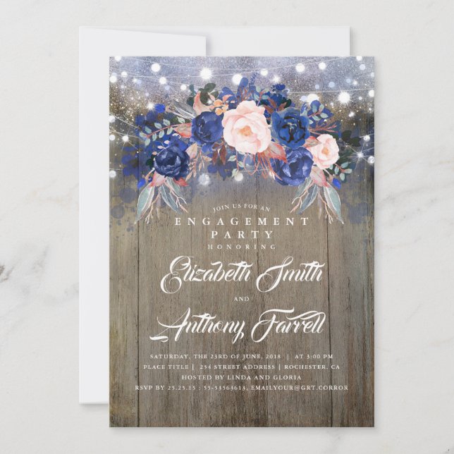 Navy Floral Rustic Engagement Party Invitation (Front)