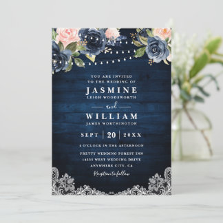 Navy Floral Rustic String Light QR Code Wedding Invitation