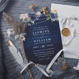 Navy Floral Rustic String Light QR Code Wedding Invitation