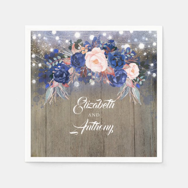 Navy Floral Rustic Wedding Napkin (Front)