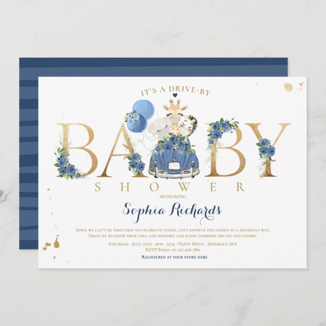 Navy Floral Safari Animals Drive By Baby Shower Invitation (Front/Back)