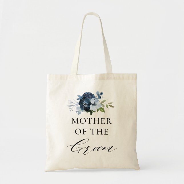 navy floral script mother of the groom tote bag (Front)
