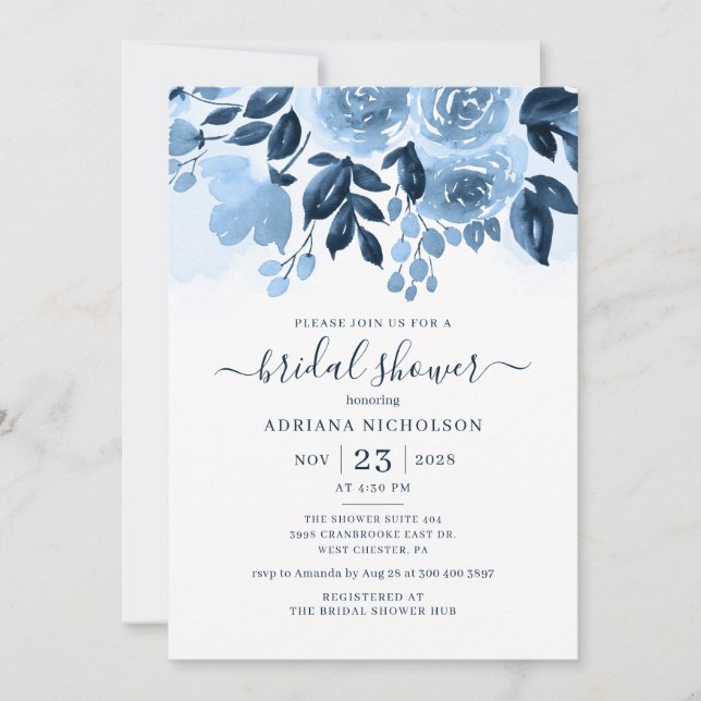 Navy Floral Script Watercolor Bridal Shower Invitation (Front)