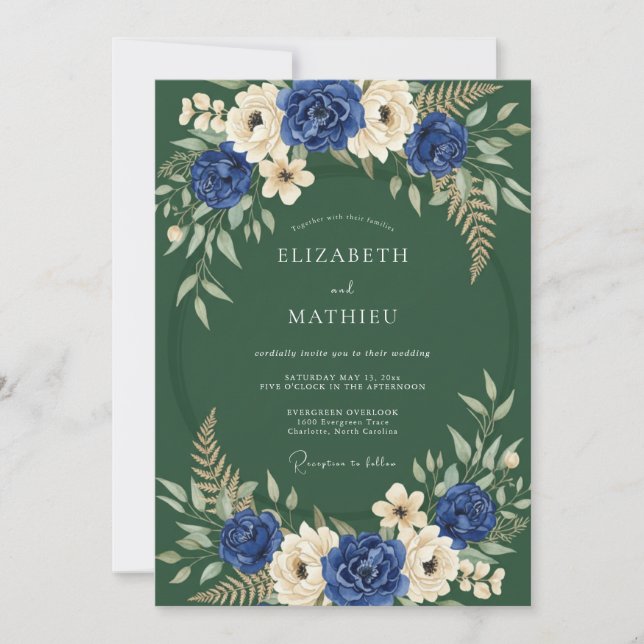 Navy Floral Verdant Flourish Wedding Invitation (Front)