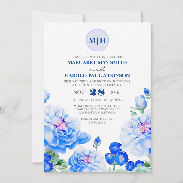 Navy Floral Vintage Elegant Garden Wedding Invitation (Front)