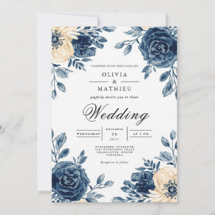 Navy Floral Wash Wedding Invitation