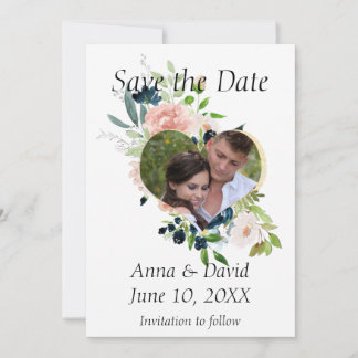 Navy Floral Watercolor Photo Save the Date