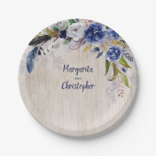 Navy Floral Watercolor Wedding Paper Plate