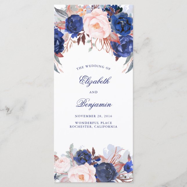 Navy Floral Watercolor Wedding Programs Programme (Front)