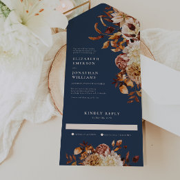 Navy Floral Wedding All In One Invitation