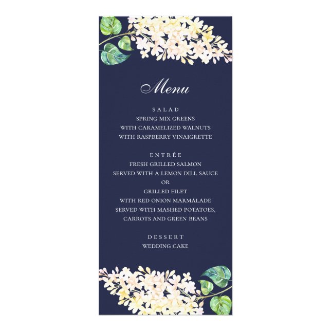 Navy floral wedding dinner. White flowers menu (Front)