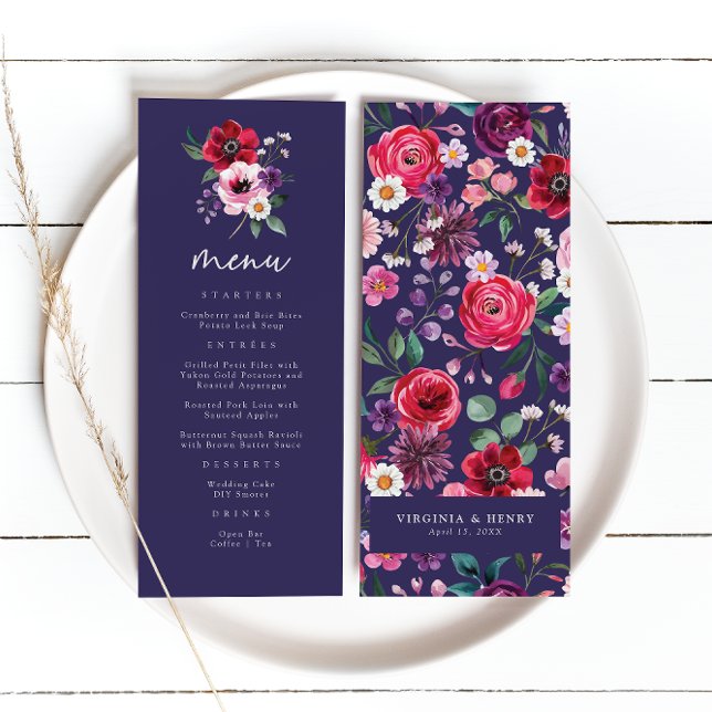 Navy Floral Wedding Menu (Watercolor Navy Blue Floral Wedding Menu by Painted Paperie
)
