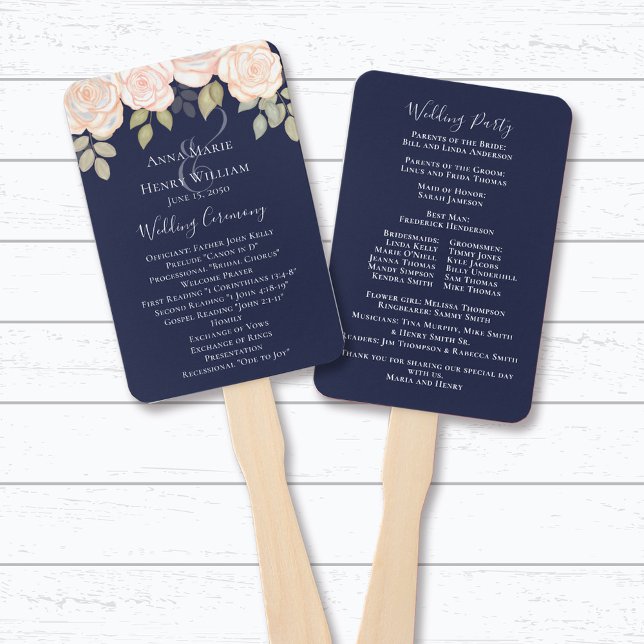 Navy Floral Wedding Program Blush Rose Ceremony Hand Fan (Navy blue and Blush floral)