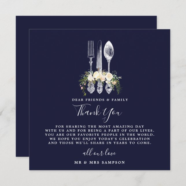 navy floral wedding thank you reception card (Front/Back)