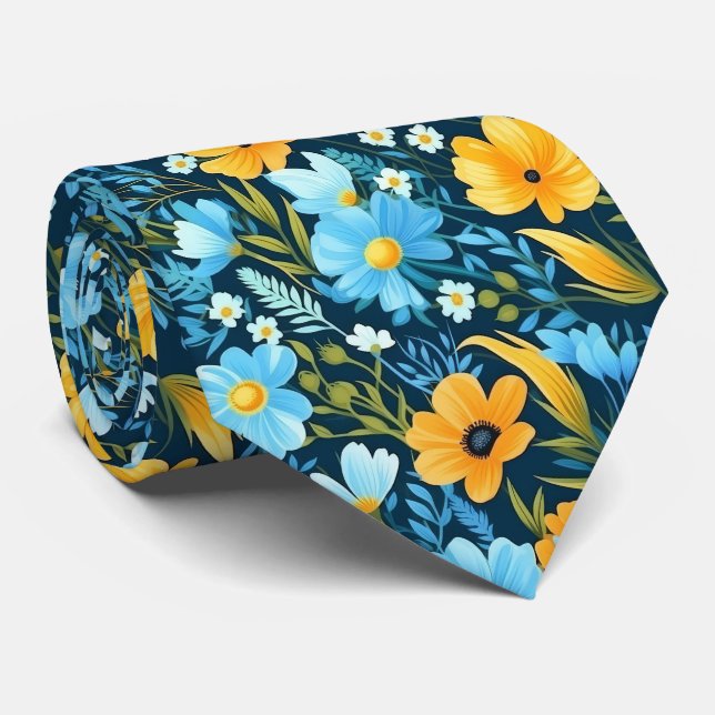 Navy Floral Wedding Tie (Rolled)