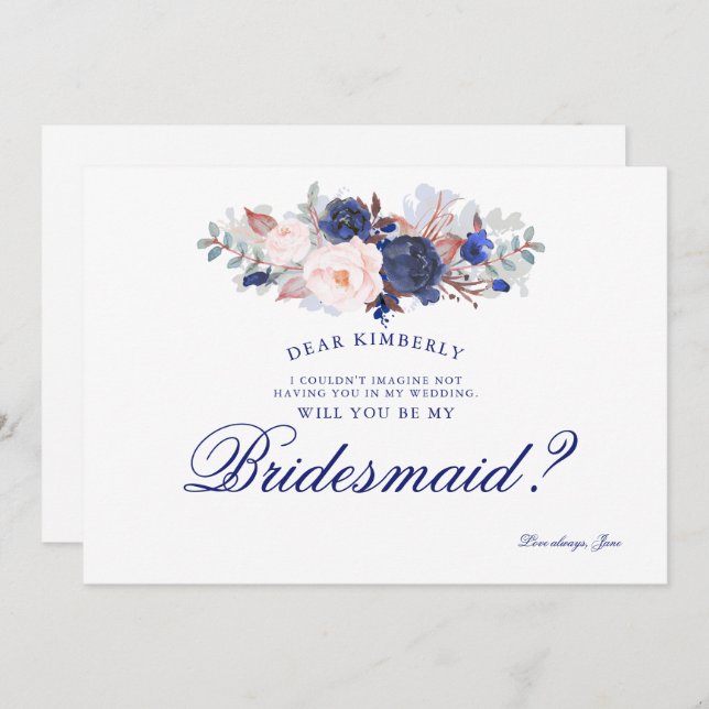 Navy Floral Will You Be My Bridesmaid Invitation (Front/Back)