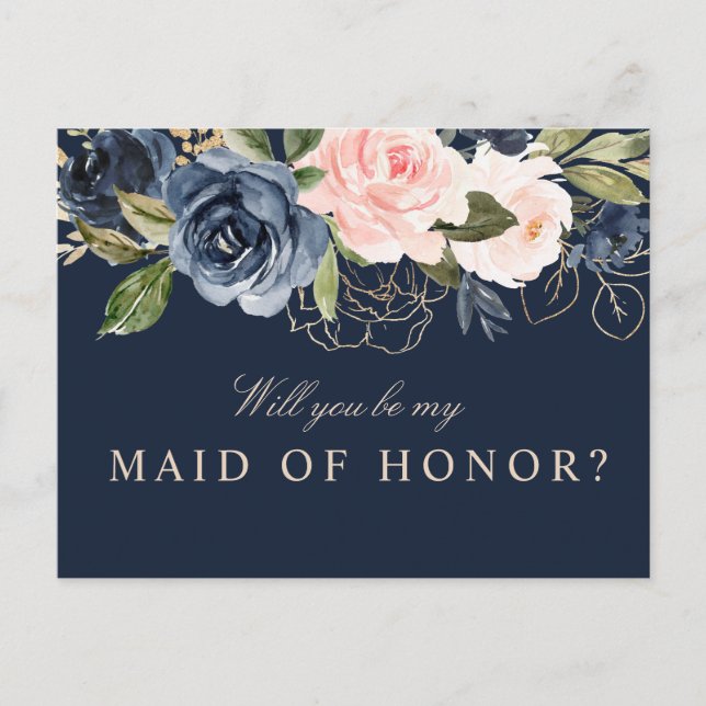 Navy floral will you be my Maid of Honour card (Front)