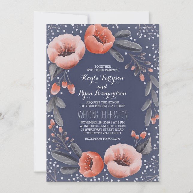 Navy Floral Wreath Baby's Breath Wedding Invitation (Front)