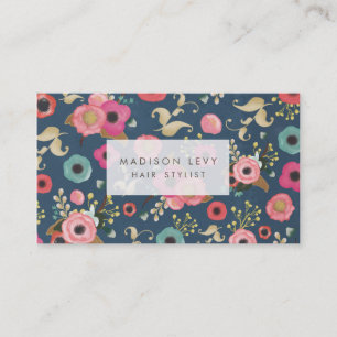 Navy Flower Pattern Hair Salon Stylist Appointment Card