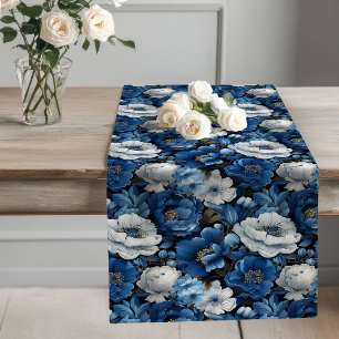 Navy Flowers Blue and White Table Runner