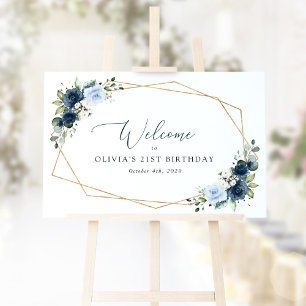 Navy Flowers, Blue Flowers, Boho, Birthday Welcome Poster