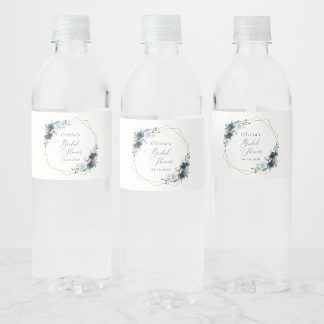 Navy Flowers, Blue Flowers, Boho, Bridal Shower Water Bottle Label (Bottles)
