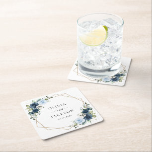 Navy Flowers, Blue Flowers, Boho, Floral Wedding Square Paper Coaster