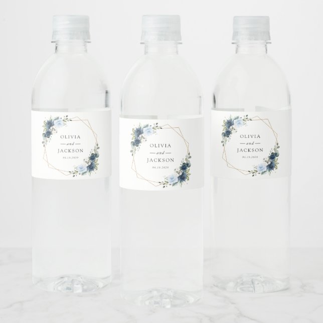Navy Flowers, Blue Flowers, Boho, Floral Wedding Water Bottle Label (Bottles)
