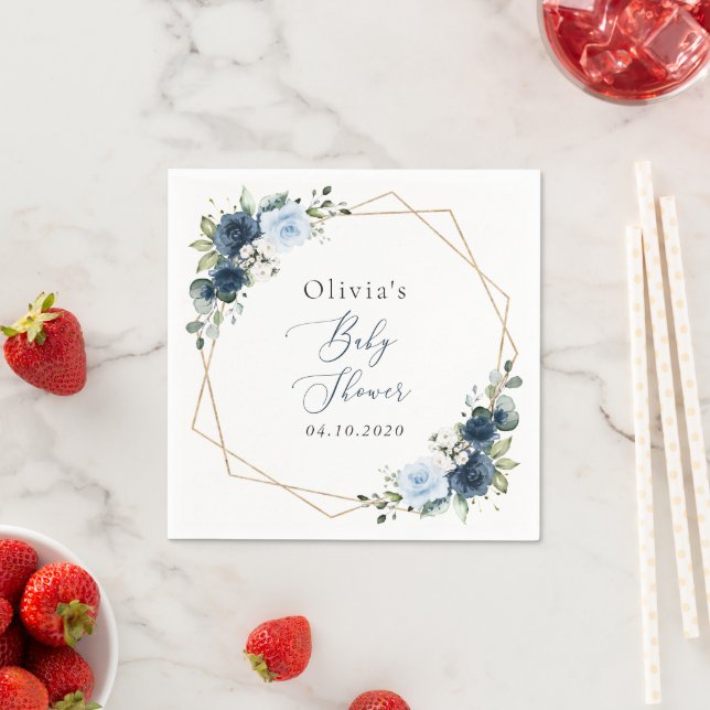 Navy Flowers, Blue Flowers, Greenery, Baby Shower Napkin (Insitu)