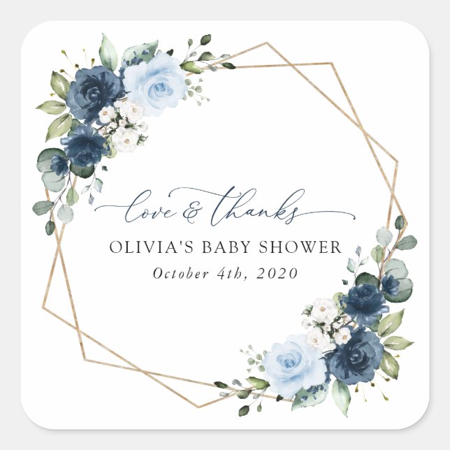 Navy Flowers, Blue Flowers, Greenery, Baby Shower Square Sticker (Front)