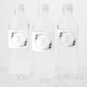 Navy Flowers, Blue Flowers, Greenery, Baby Shower Water Bottle Label