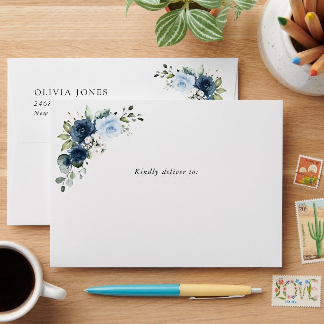Navy Flowers, Blue Flowers, Greenery, Birthday Envelope (Desk)