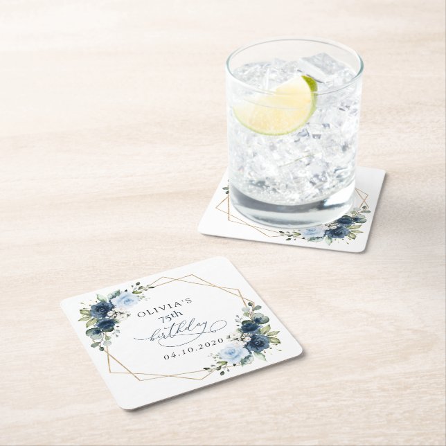 Navy Flowers, Blue Flowers, Greenery, Birthday Square Paper Coaster (Insitu)