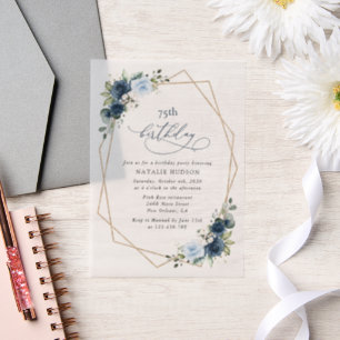 Navy Flowers, Blue Flowers, Greenery, Birthday Vellum Invitations