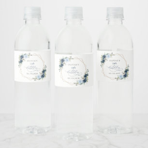 Navy Flowers, Blue Flowers, Greenery, Birthday Water Bottle Label